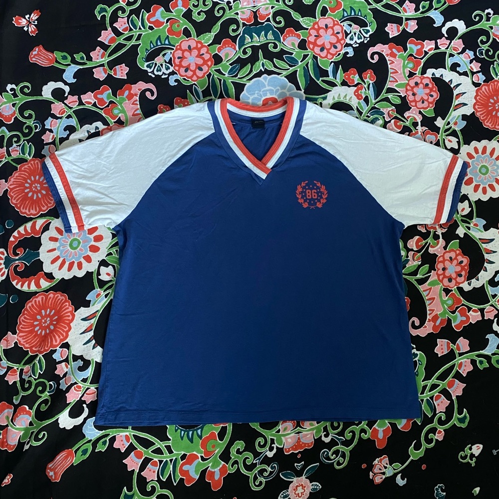 Blue and White V-Neck Tee with Red Trim